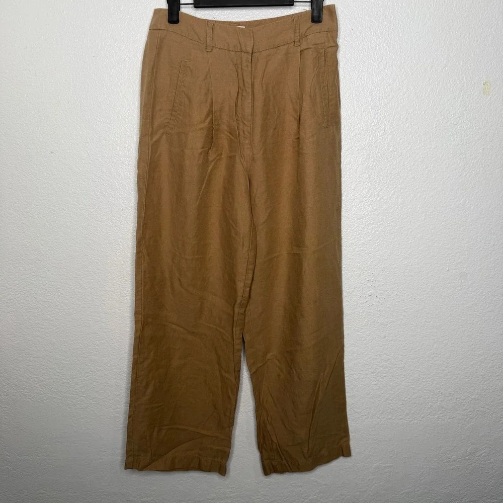 Wilfred Aritzia Linen Blend Wide Leg Pleated Trousers Brown Tan Size 4